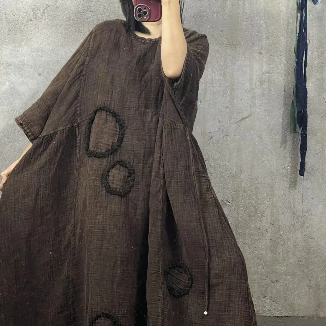 QXX M505 春款炒色汉麻前后贴布绣宽松收腰连衣裙（长110胸围160）