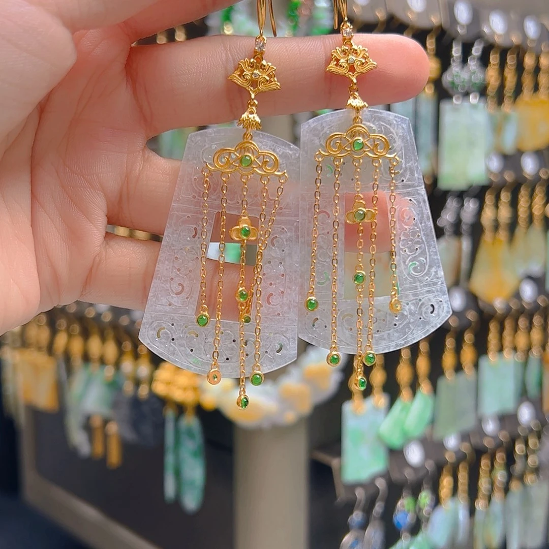 银S925镀金镶嵌翡翠耳饰