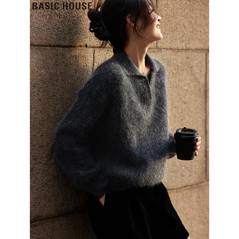 Basic House/百家好v领软糯慵懒风宽松加厚翻领针织衫毛衣女秋冬