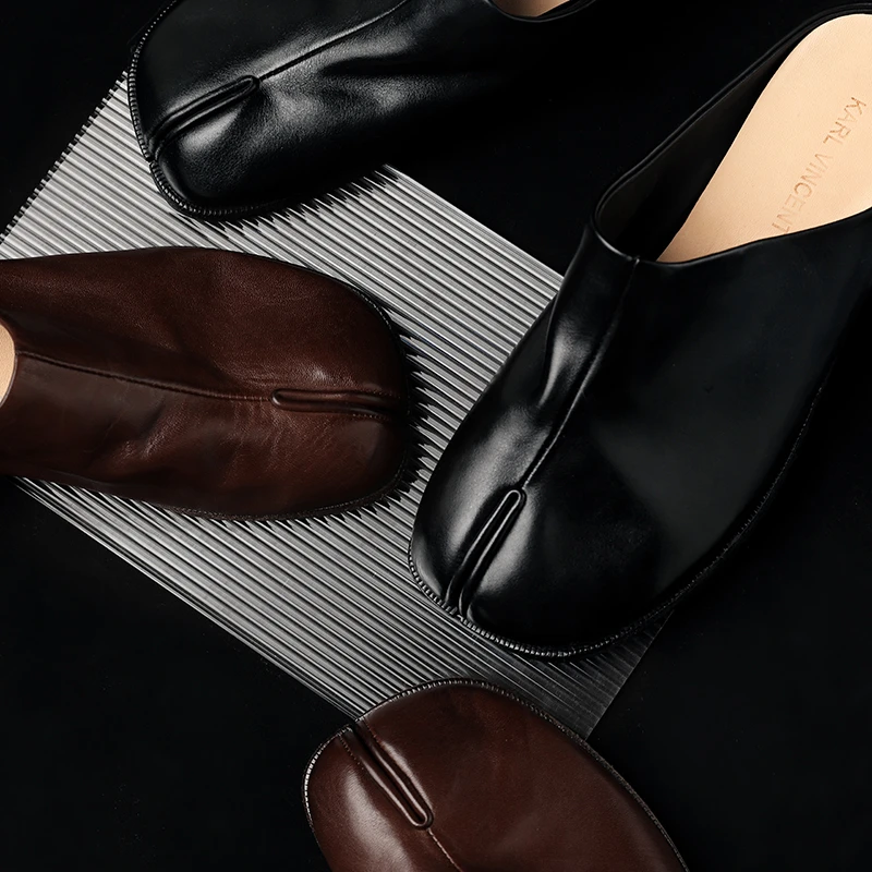 跑跑大码女鞋 重磅意大利水洗马皮褶皱分趾穆勒拖手工固特异40-43