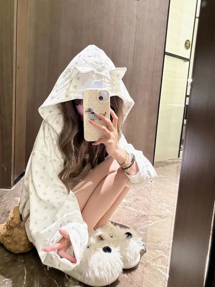 纯欲甜辣风小耳朵连帽拉链卫衣外套印花薄开衫春秋新款女款2025