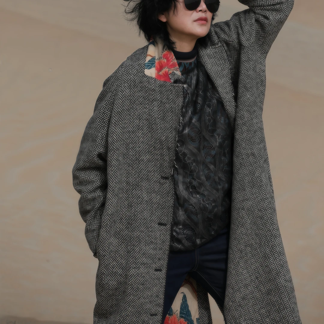 莉小姐Selected【FGW4107064】伦敦街头-人字纹羊毛印花大衣