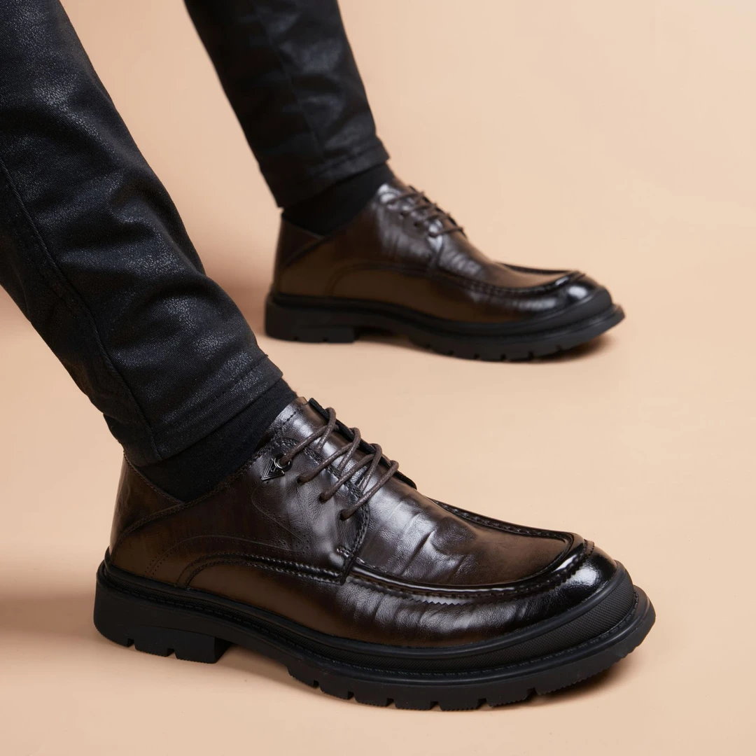 EAEOVNI新款圆头皮鞋男青年英伦商务男鞋韩版舒适内增高休闲皮鞋