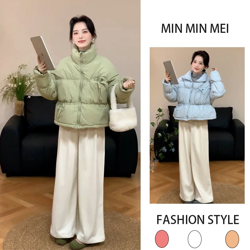 韩系设计感立领短款棉服女冬季新款保暖加绒阔腿裤小个子百搭套装