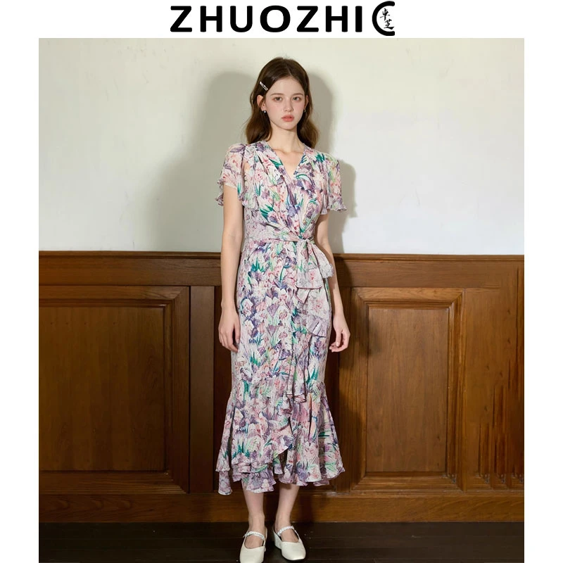 卓芝法式度假风碎花拼接连衣裙2025夏季新款收腰显瘦气质中长裙