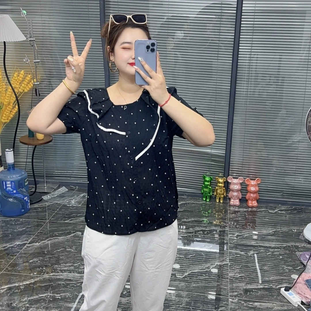 荷叶边娃娃领纯色夏修身型常规款圆领波点短袖雪纺衫气质韩版635