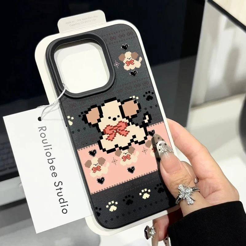 可爱像素小狗适用iphone16苹果15手机壳14pro荔枝纹13卡通12/11软