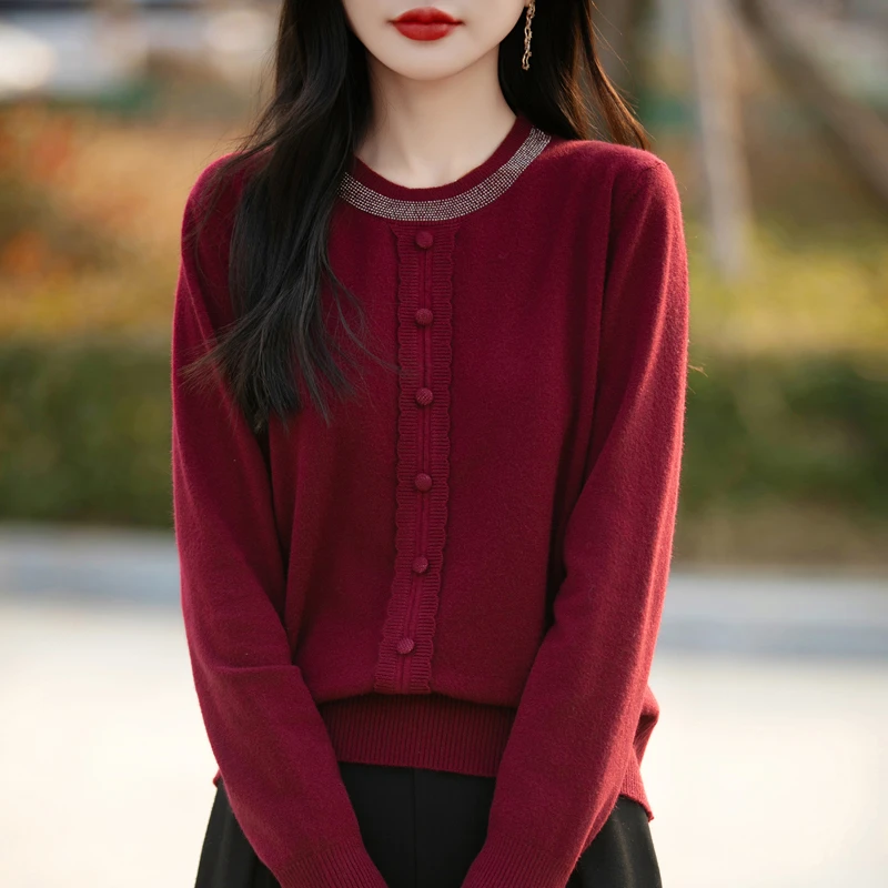 上新烫钻假开衫春秋外搭女针织衫洋气毛衣宽松百搭圆领打底衫上衣