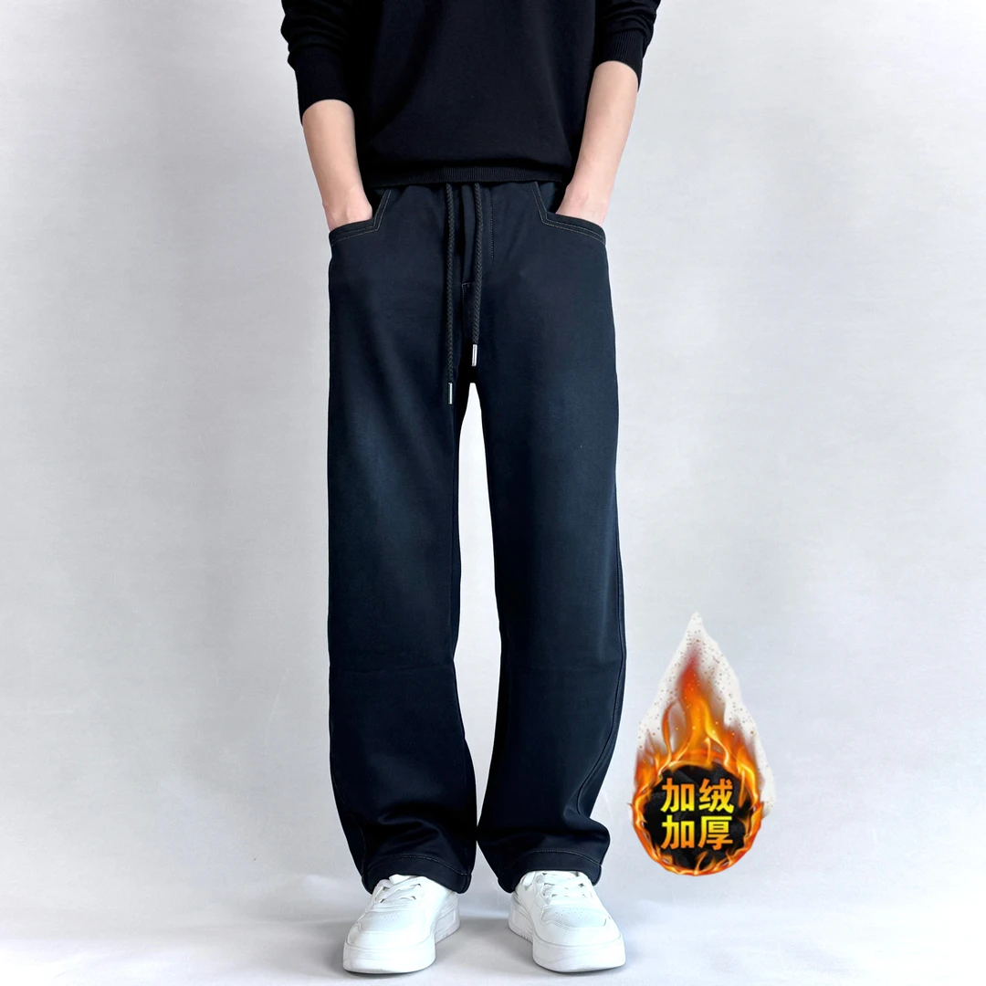 【宽松大直筒】弹力冬季加绒加厚柔软美式阔腿休闲卫裤男松紧腰抽绳
