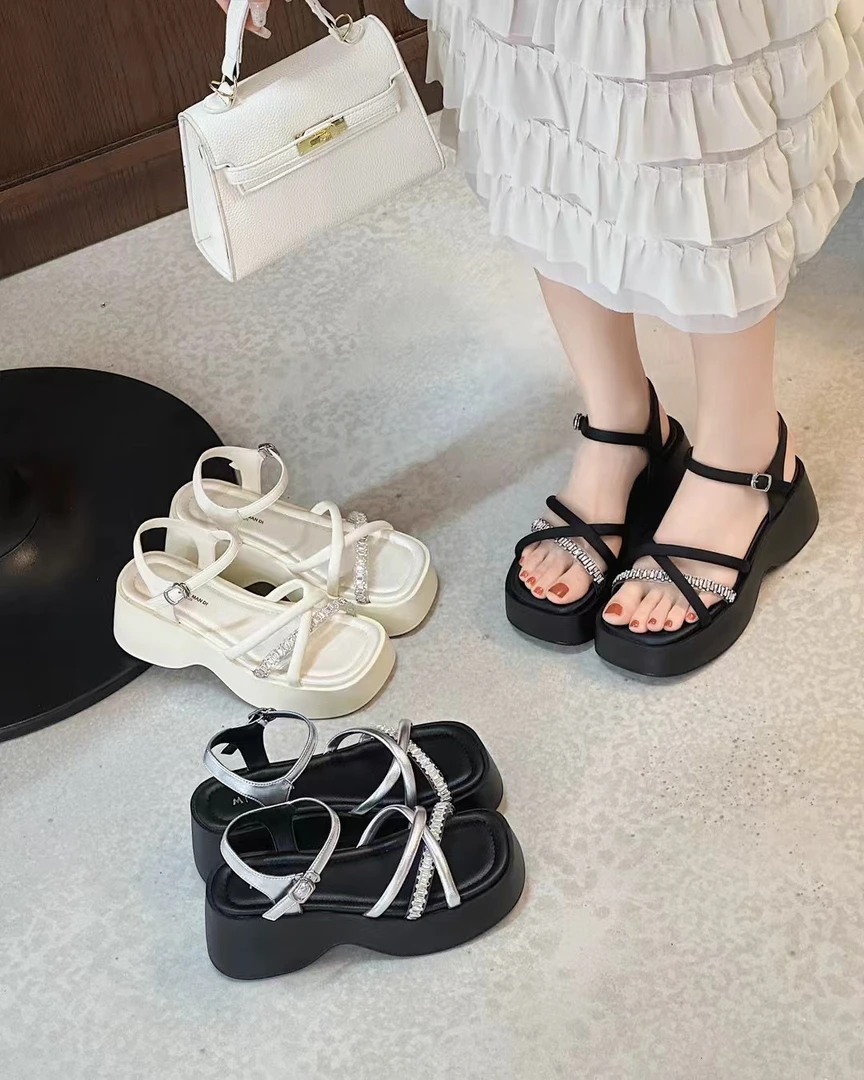 2025夏季新款真皮厚底仙女风交叉带露趾法式配裙子凉鞋