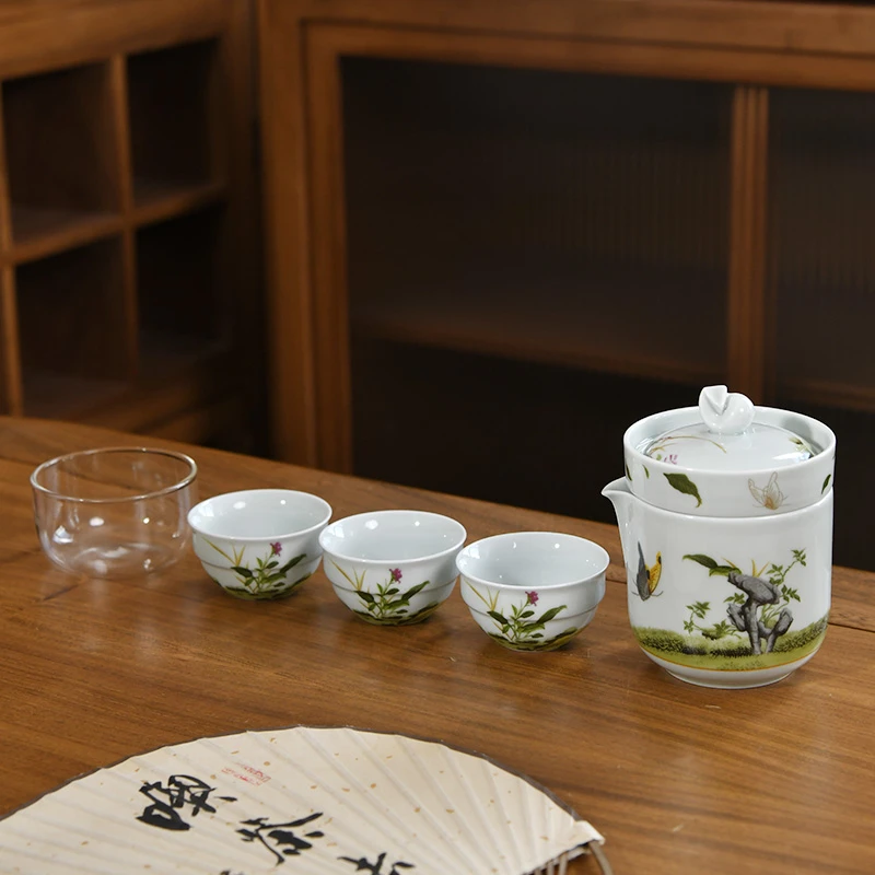 蝶恋花便携式车载高档茶具套装复古高端户外茶器快客杯一壶三杯