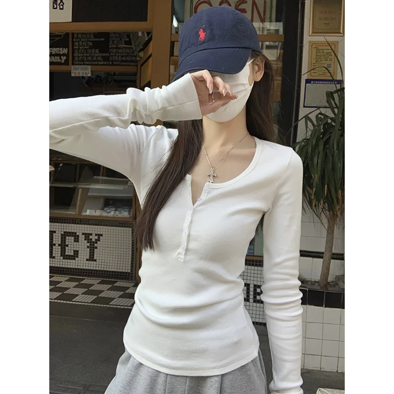 美式半开领纽扣长袖T恤秋修身正肩内搭上衣