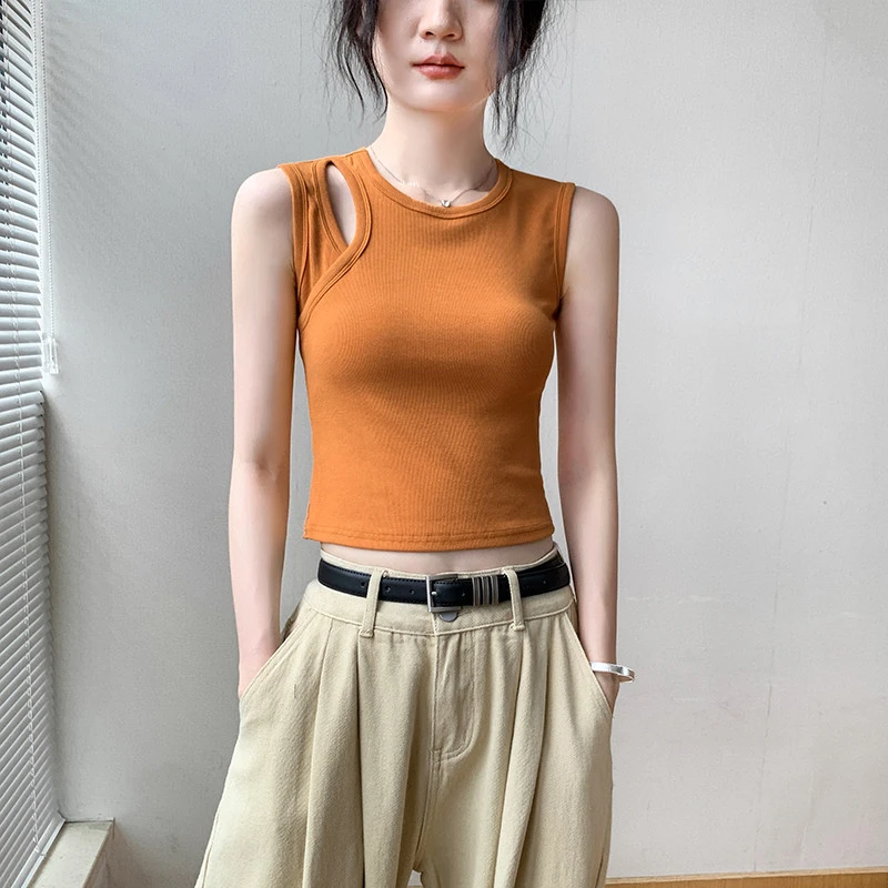无袖橘色吊带背心女夏季新款外穿设计感镂空修身短款打底内搭上衣