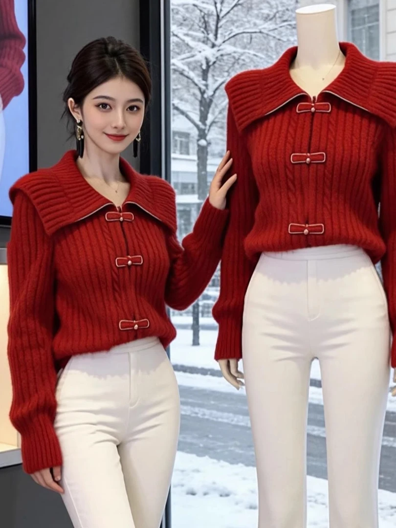 圣诞新年红色翻领毛衣女2026春秋新款高级感气质绝美针织上衣外套