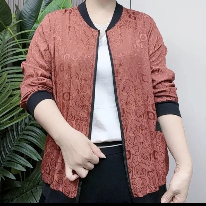 新款洋气减龄百搭显瘦春秋上衣开衫妈妈装大码提花缎面棒球领外套