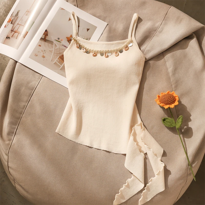 法式木耳边钉珠针织吊带背心女夏不规则外穿绑带修身无袖美背上衣