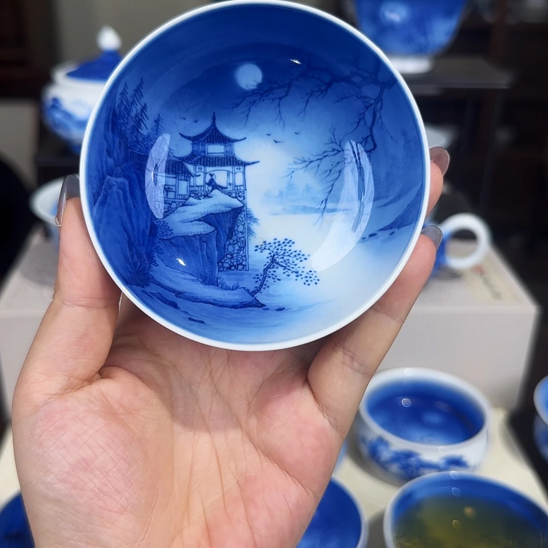 青花山水夜景杯杯
