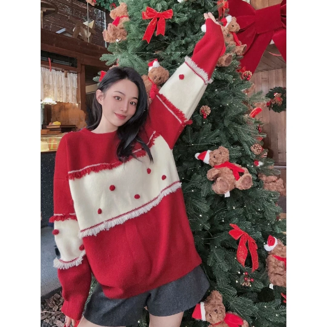 设计感圣诞红色流苏毛衣女2025年秋冬新款宽松时尚针织衫新年上衣