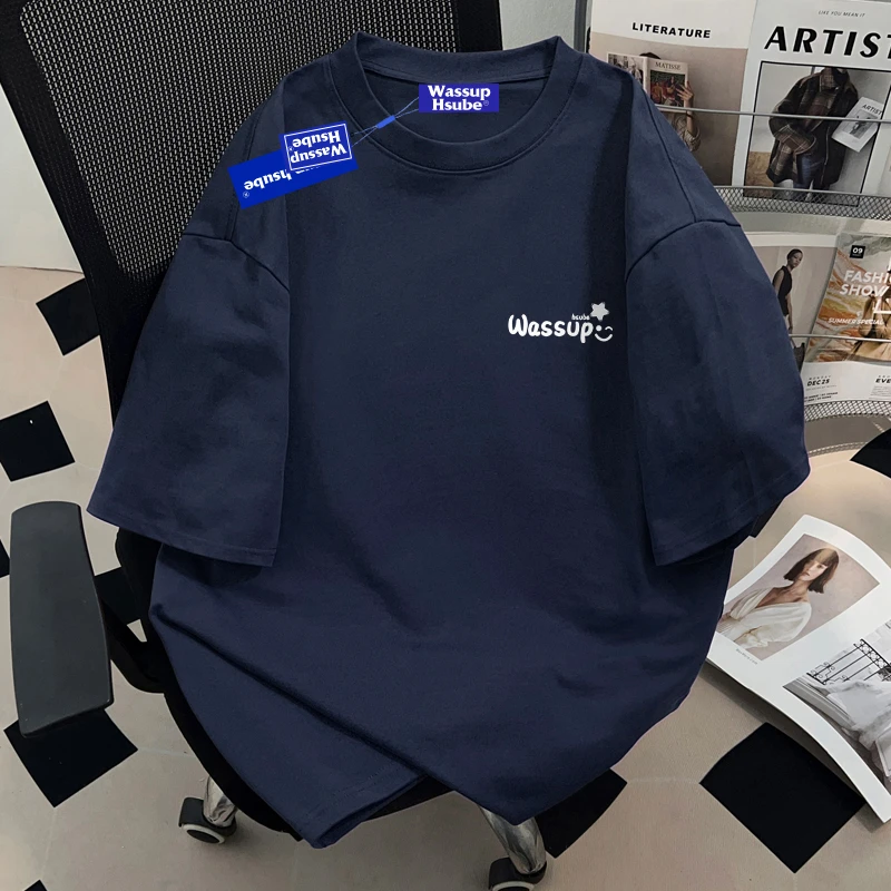 WASSUP HSUBE藏青色重磅纯棉短袖T恤男士夏季新款美式休闲上衣ins