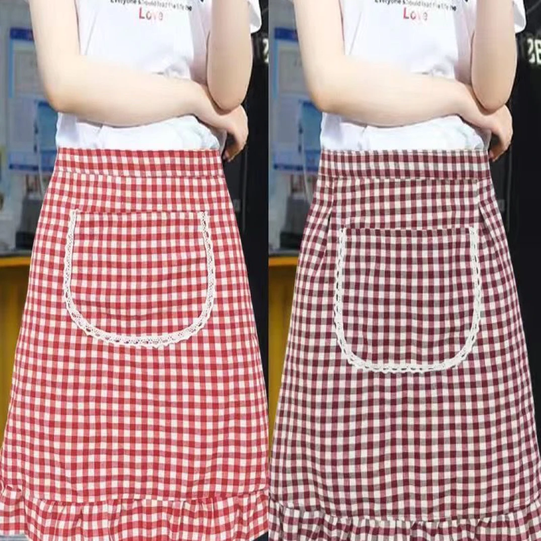 透气方格双层格子灰色加厚均码拼接防油围裙做饭洋气成人森系条纹