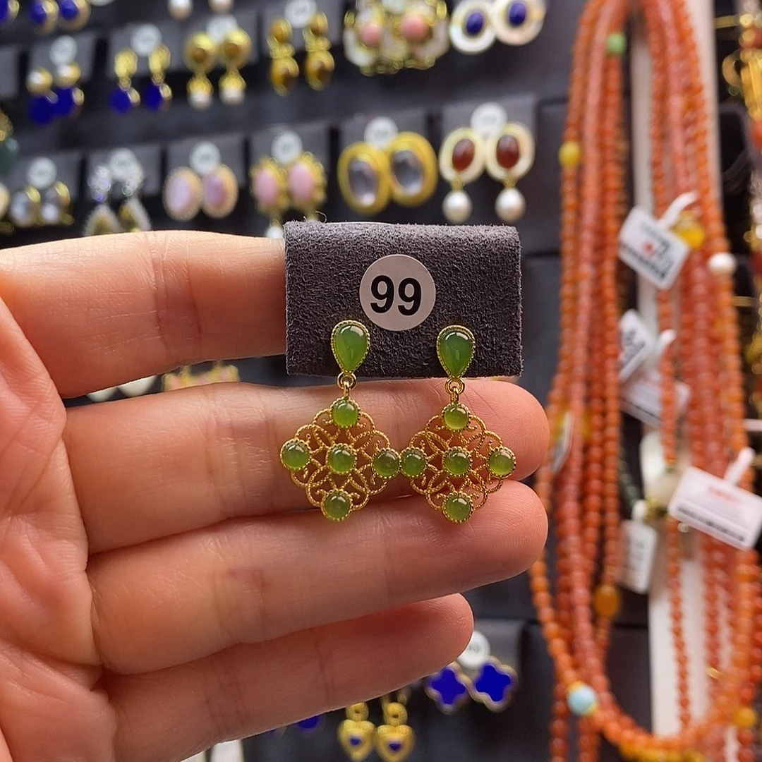 和田玉未镶嵌耳饰通体纯银天然碧玉耳坠