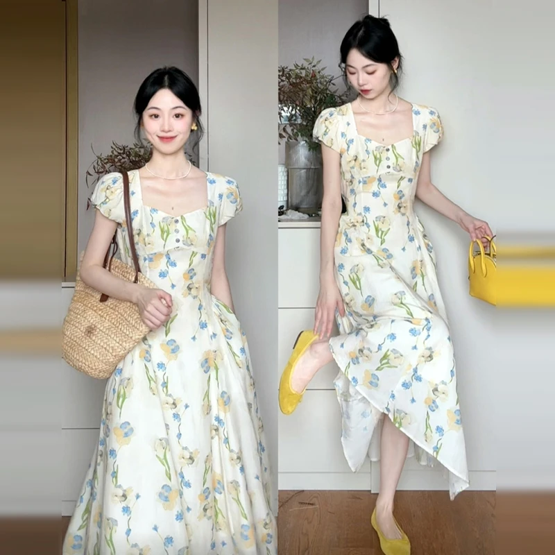 【现货+运补】法式气质碎花连衣裙子女夏季泡泡袖掐腰长裙清仓2836