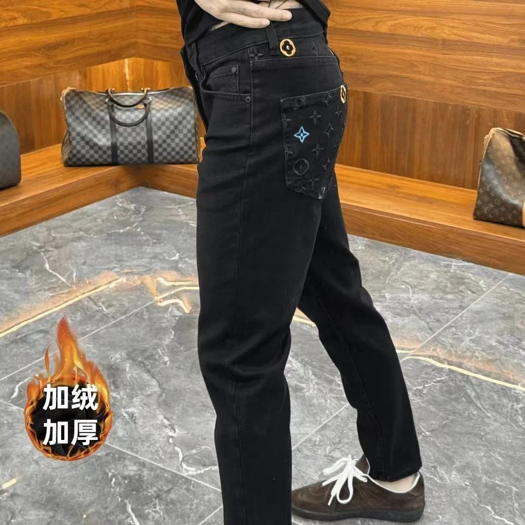 2025秋冬季加绒加厚轻奢重工刺绣牛仔裤时尚商务修身百搭男款长裤