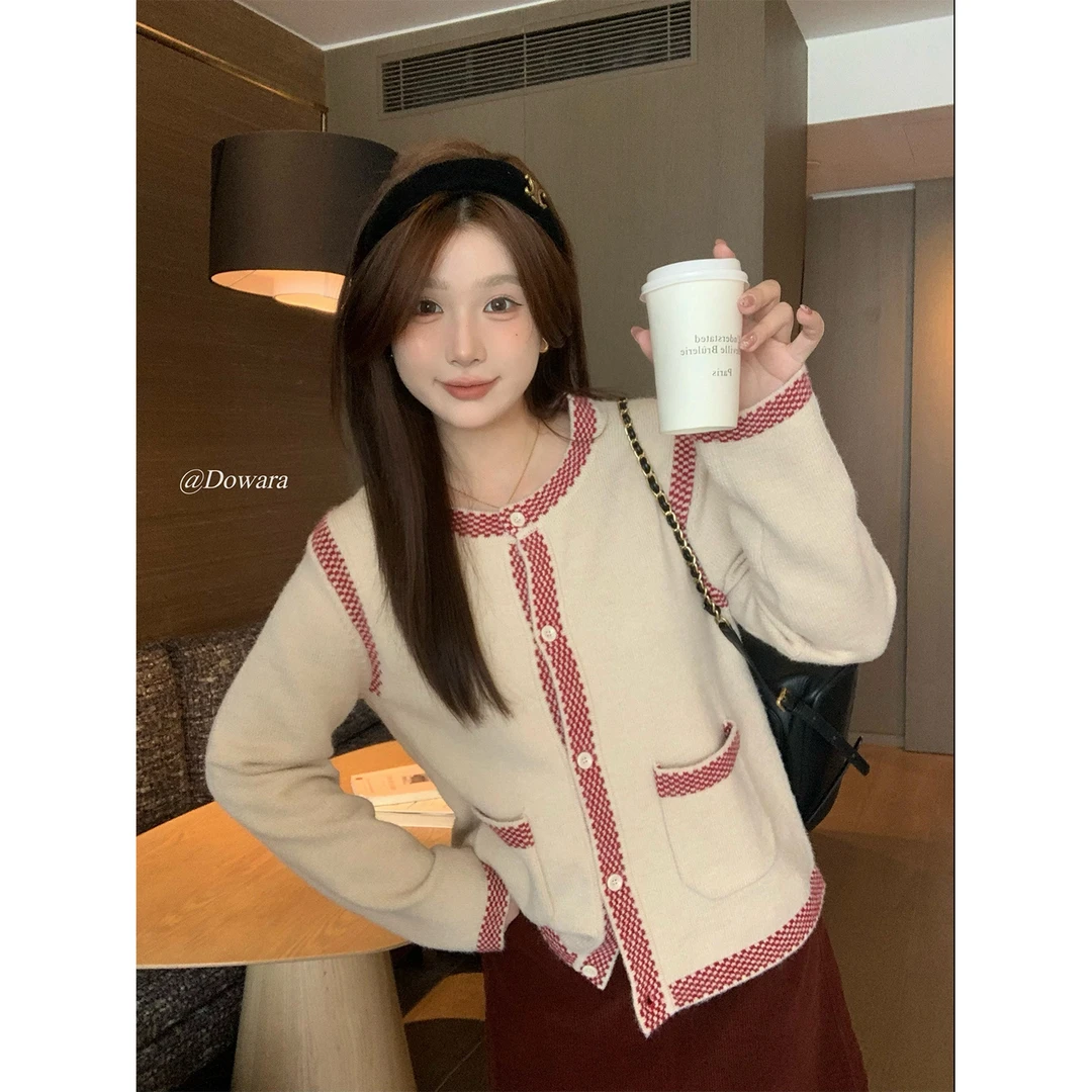 现货7149D大婉酱微胖定制 韩版慵懒风小香风撞色针织开衫保暖上衣