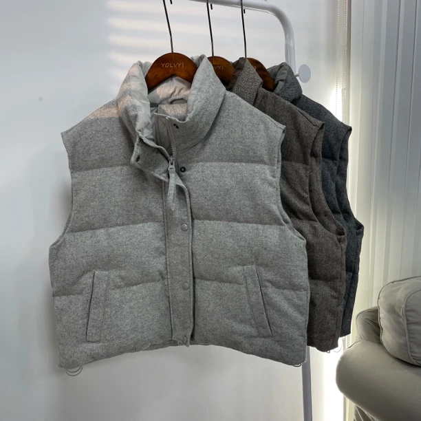 高奢调性 白鸭绒羊毛混纺面料立领叠穿无袖马甲毛呢外套女秋873