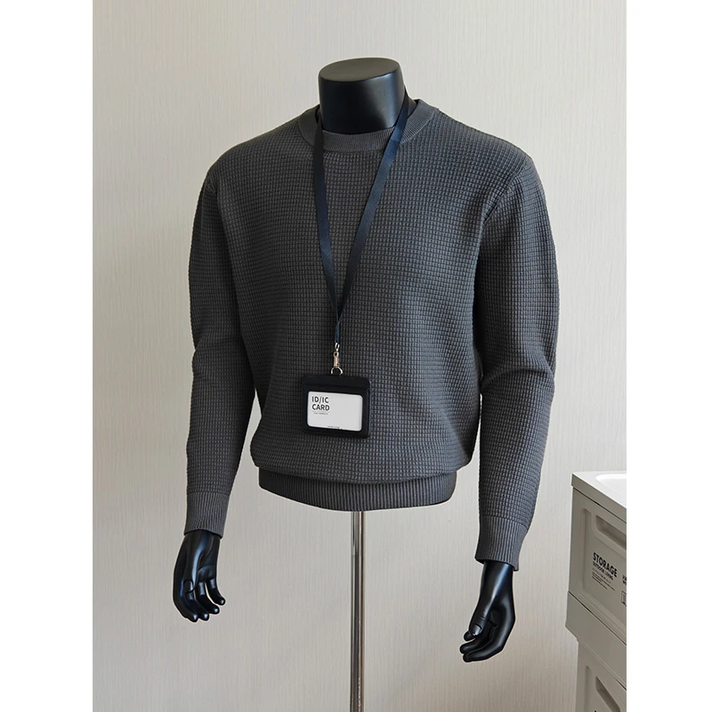 老钱风正肩针织毛衣男款冬季华夫格小领口长袖美式复古boxy打底衫