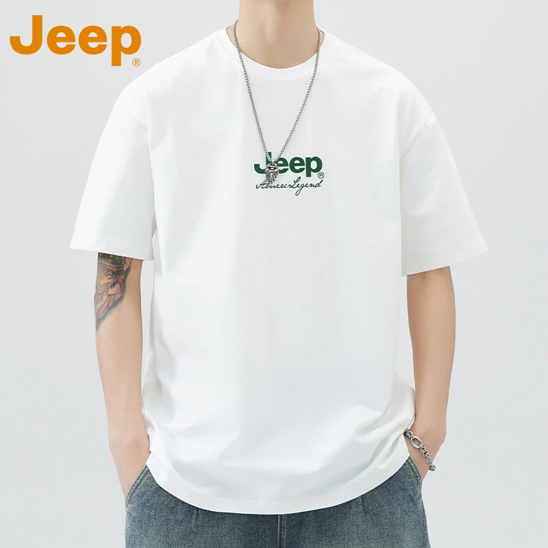 JEEP吉普重磅纯棉短袖t恤男款夏季薄款宽松百搭白色休闲上衣男士