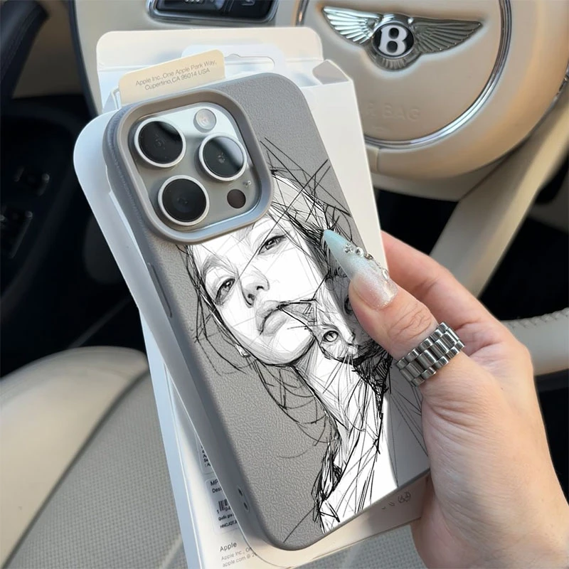 飞虎胜素描女孩与猫荔枝纹适用iphone15/16手机壳苹果14/13/12/11