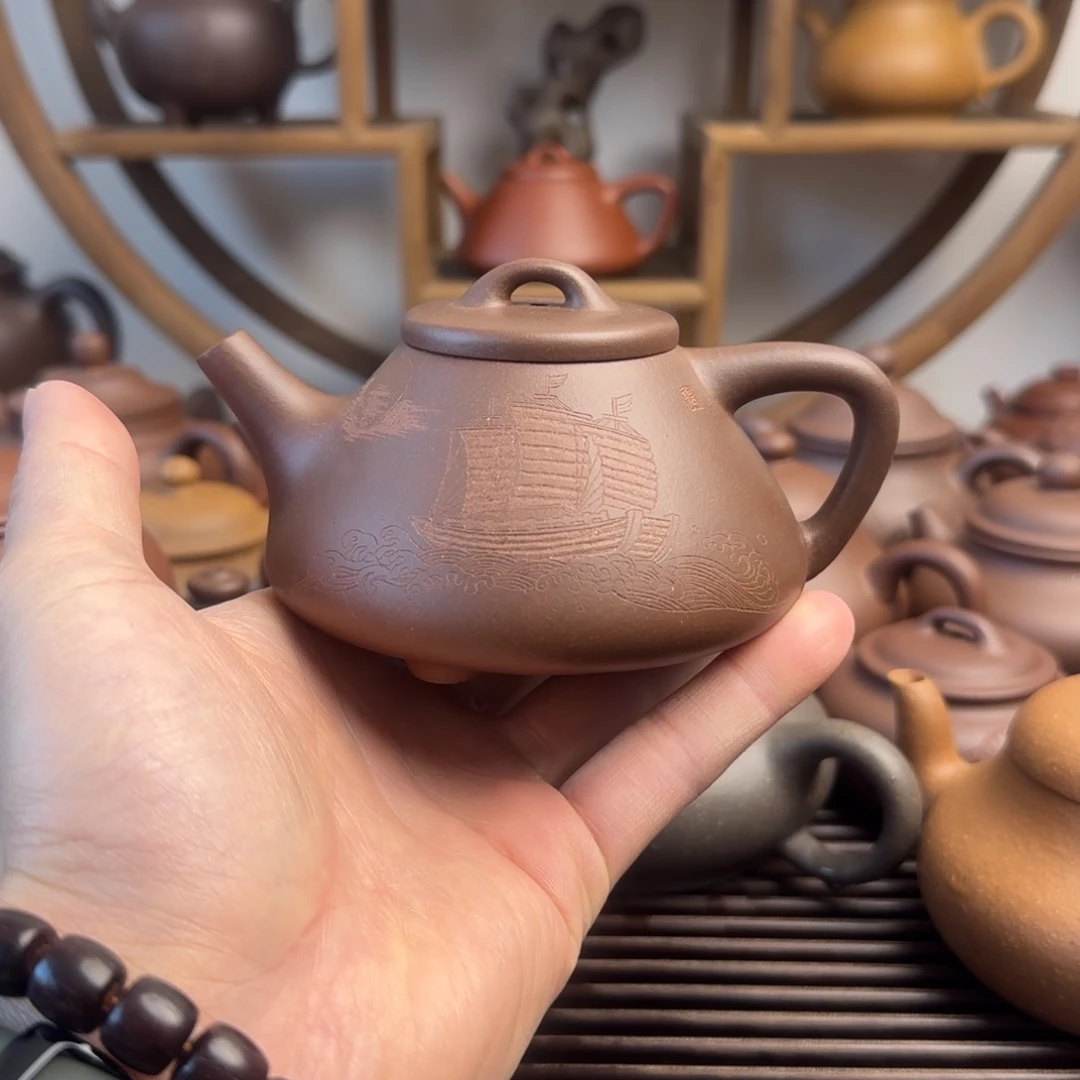 紫砂茶壶子冶石瓢200cc台西嫩底槽清刻绘