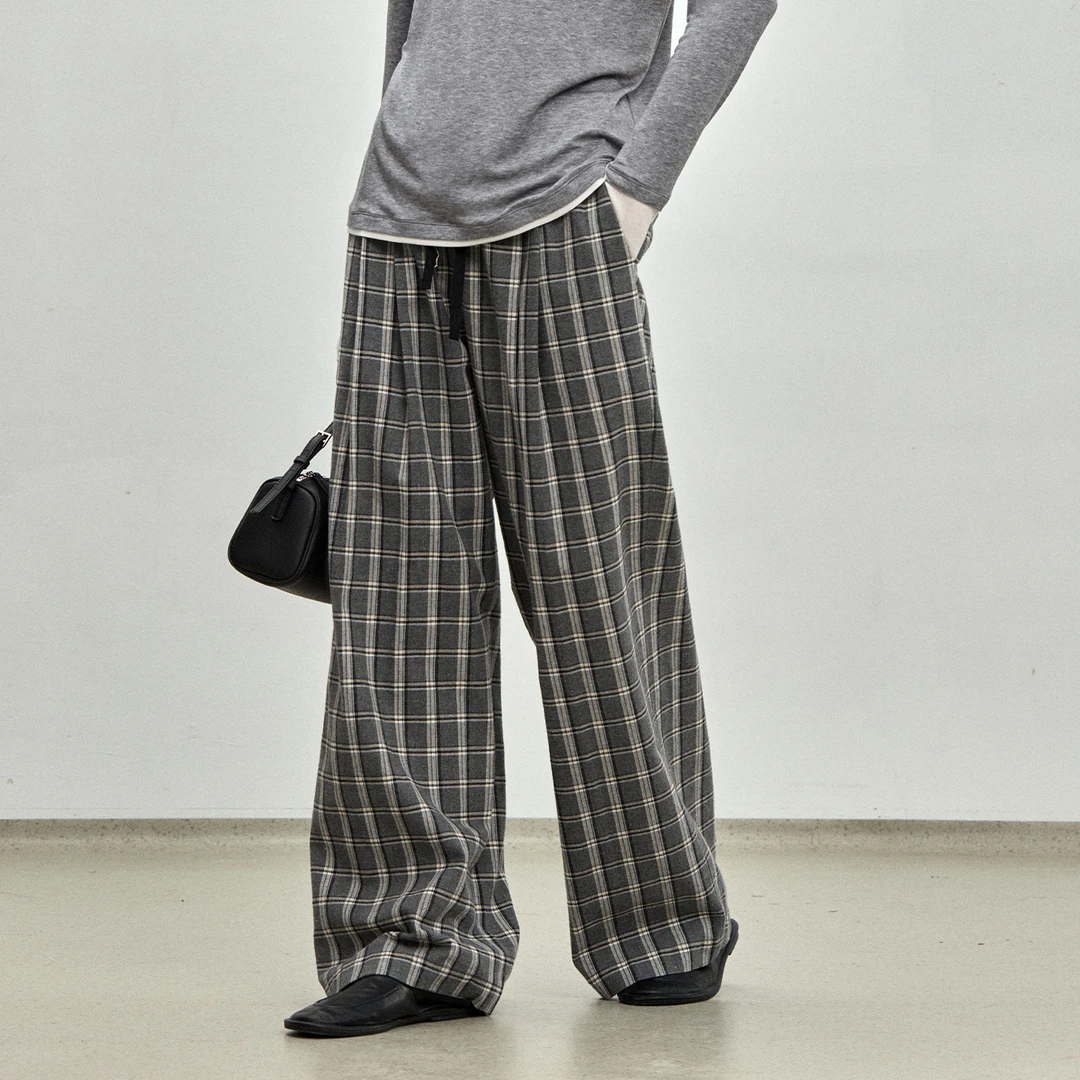 BLUEWEDIAN2025秋季新品时尚经典灰白宽松格纹裤阔腿裤休闲裤女