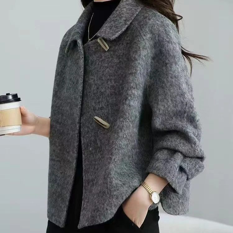 韩版时尚双面绒大衣落肩袖厚款纯色短款毛呢外套宽松双面呢呢子