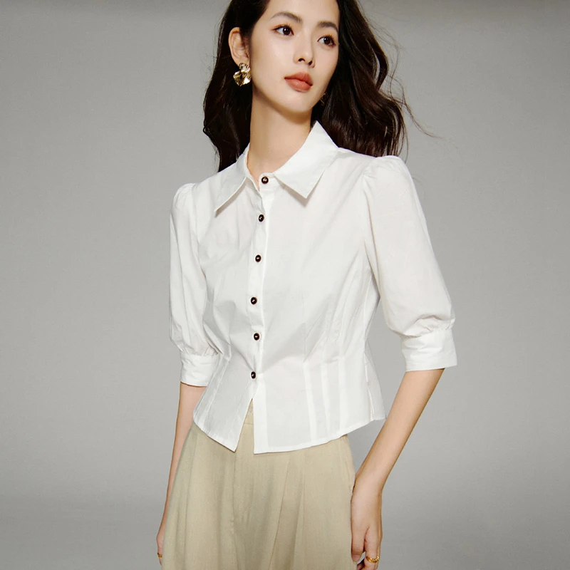 【专享】2025夏衬衫翻领掐腰衬衫女25061702