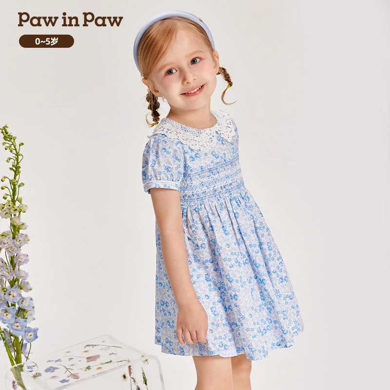 【全棉】PawinPaw卡通小熊童装夏季女宝蕾丝翻领高腰连衣裙
