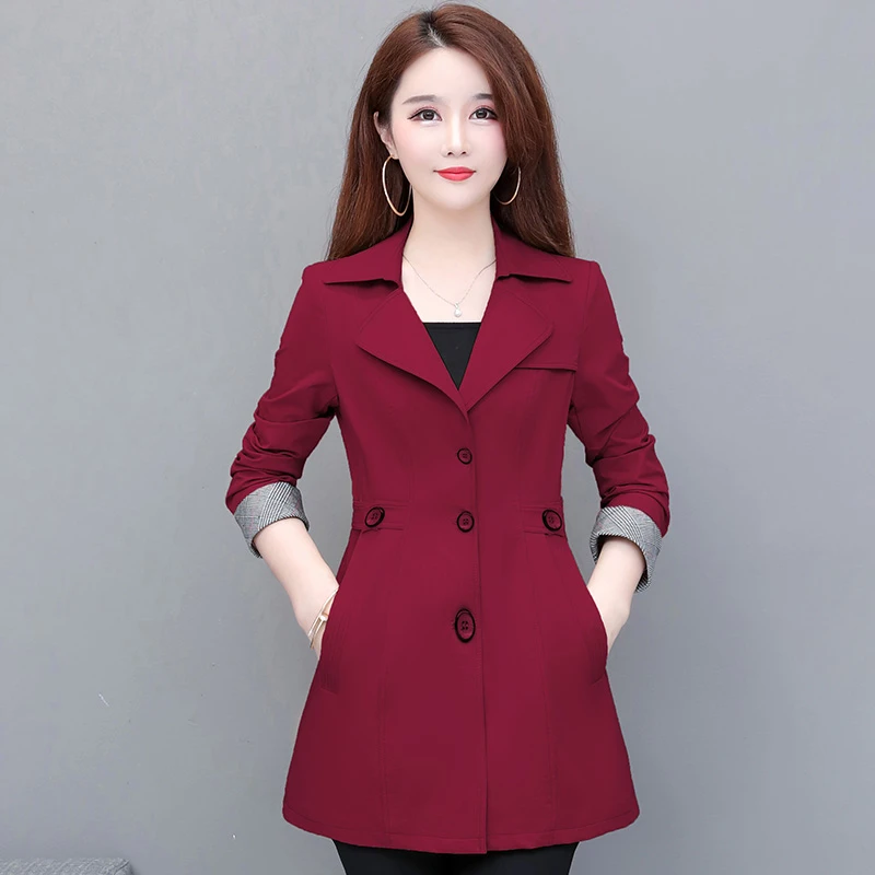 新款2025春季时尚气质优雅西装领风衣修身显瘦中长款纯色女装外套