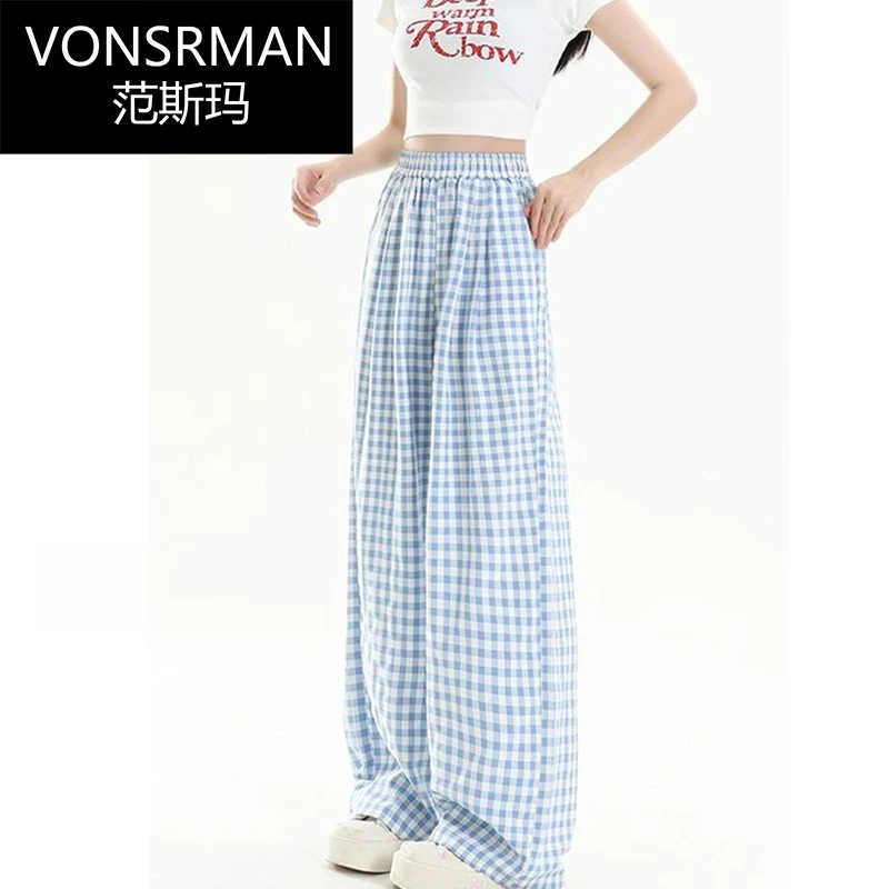 2025年春季新款蓝色格子裤时尚百搭美式休闲直筒宽松阔腿加长裤子