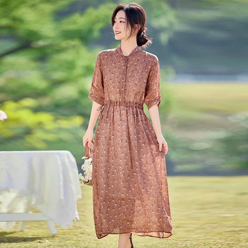 高端纯苎麻碎花连衣裙女2025新款夏季收腰显瘦文艺复古棉麻飘逸裙