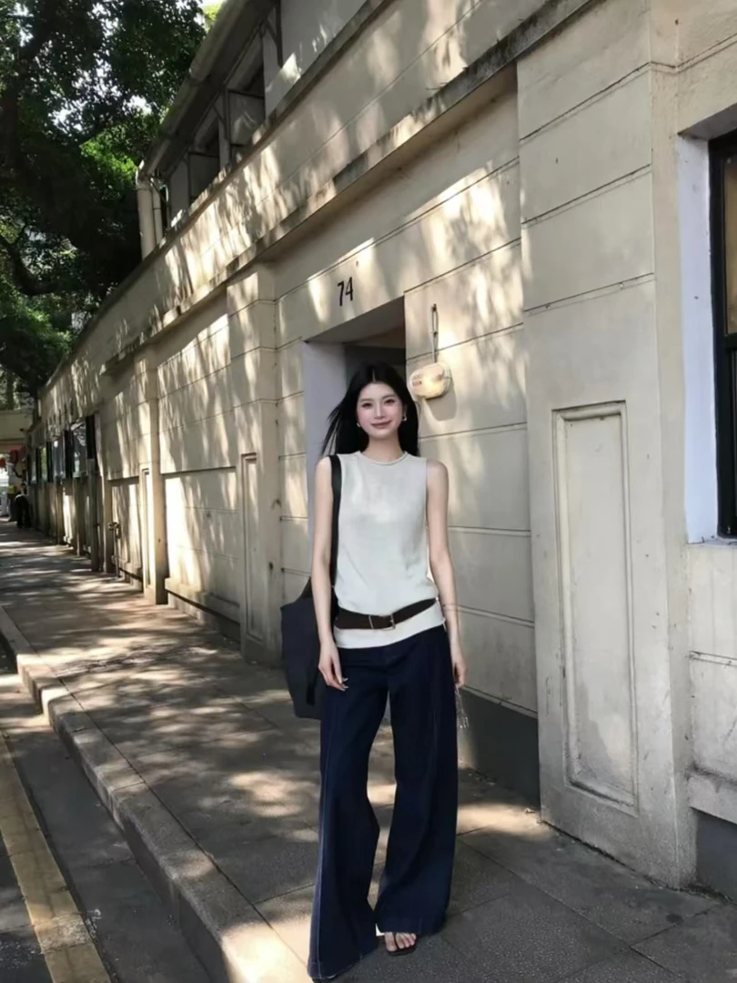 韩系高级感修身无袖针织上衣高腰阔腿裤两件套女巨好看的夏装套装