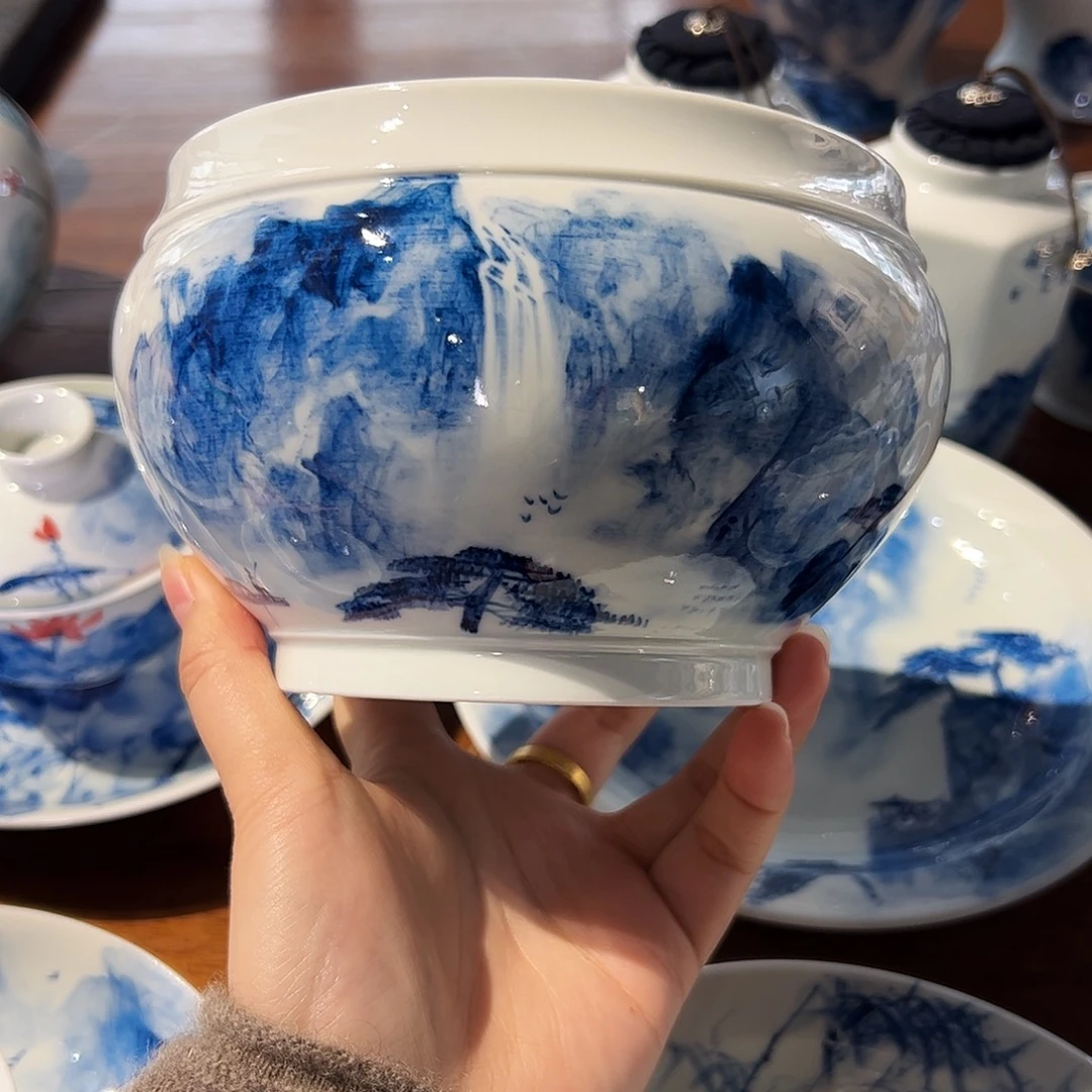 酷***帆青花手绘山水水洗