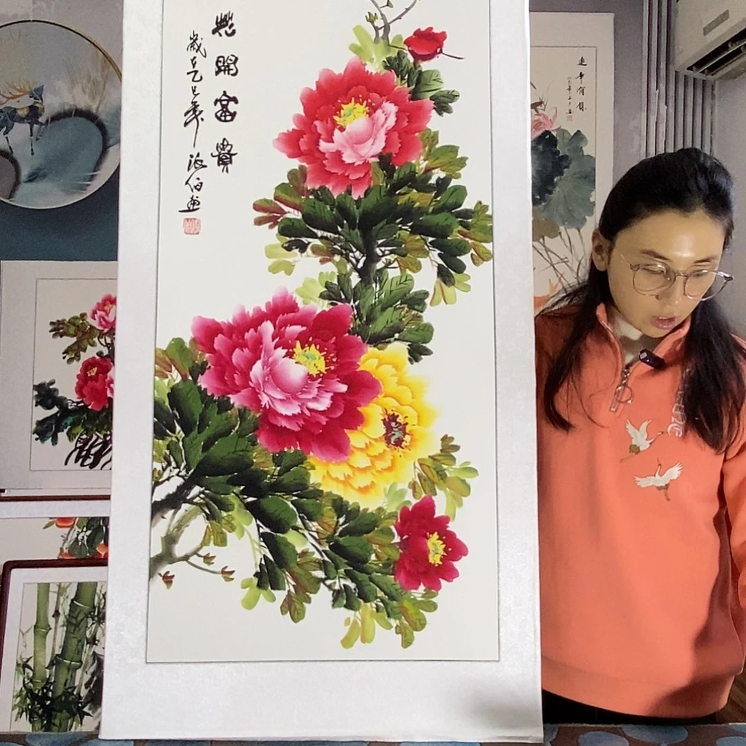 国画手写手绘国画作品带框包邮62✖️122