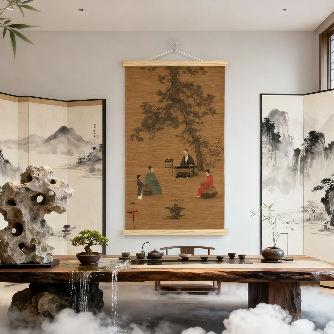新中式听琴图装饰画适合客厅玄关书房卧室的古风挂画竹编挂画大气