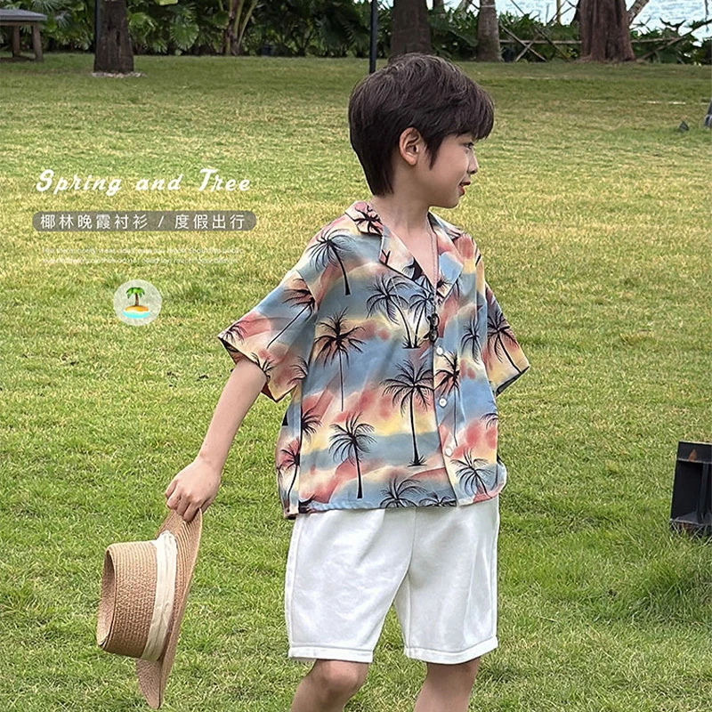 虾酱麻麻男童短袖花衬衫春夏款2025新款男孩度假风痞帅儿童装衬衣