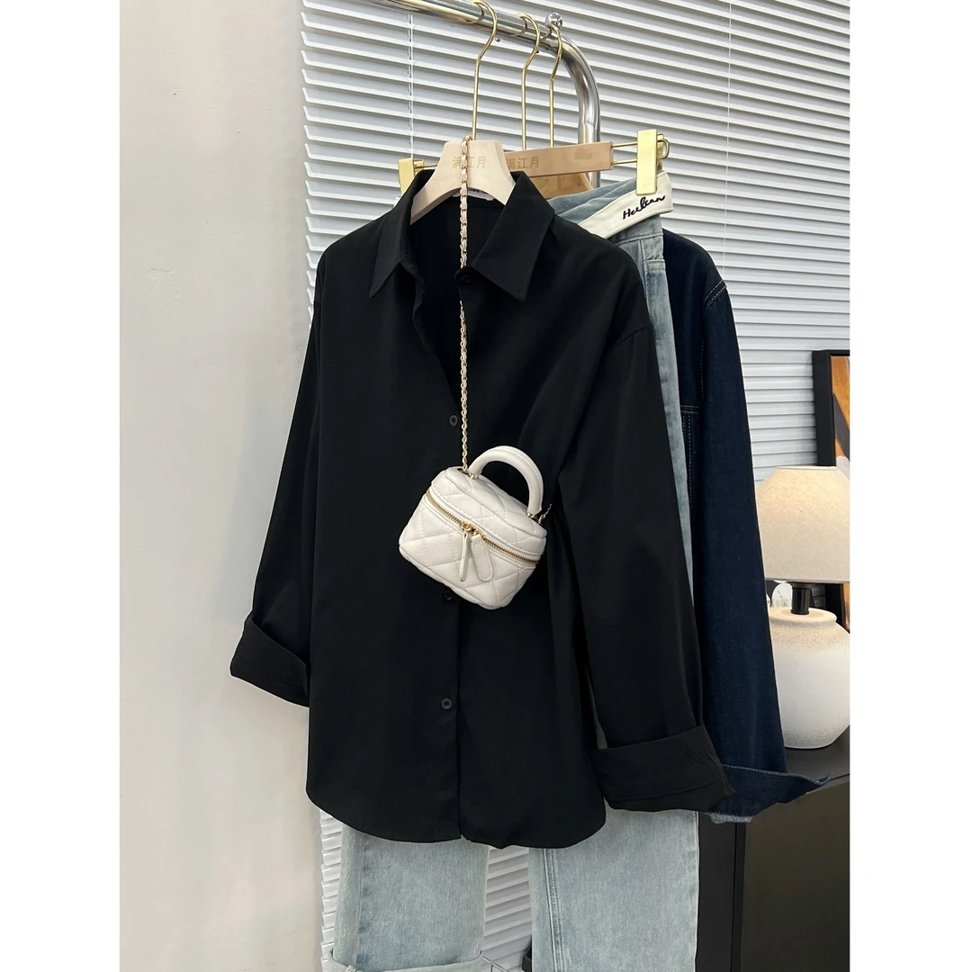 法式高级感黑色长袖衬衫女春新款时尚洋气内搭翻领上衣气质显瘦