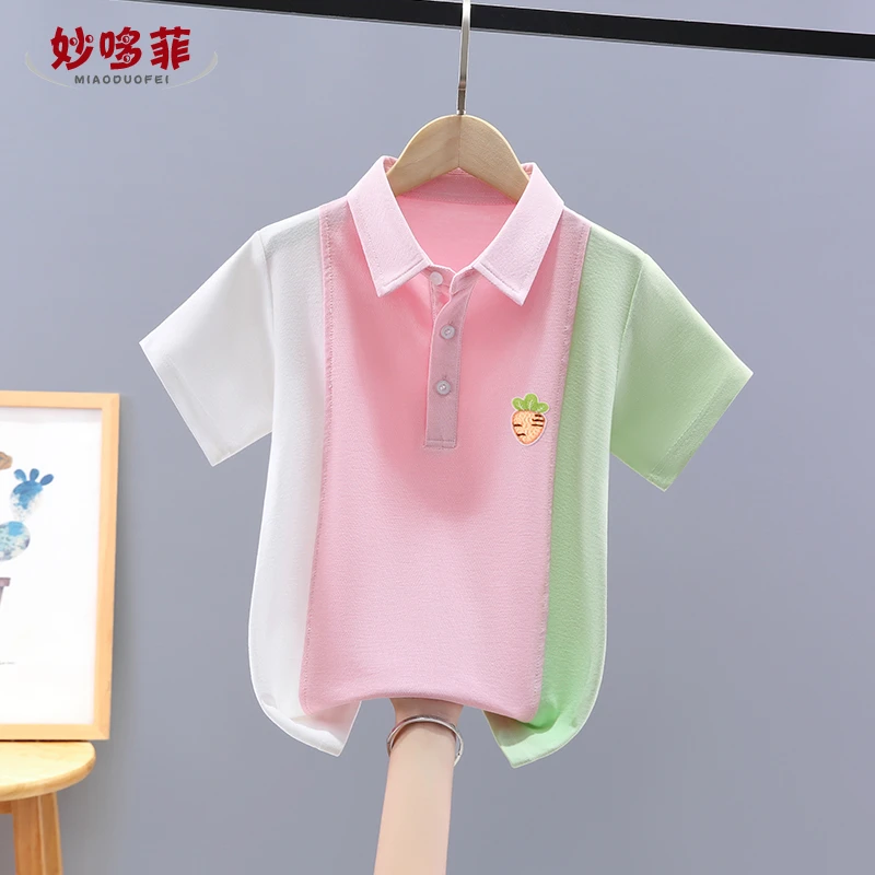 女童polo衫短袖T恤儿童夏季半袖2025新款女孩拼色洋气上衣潮流