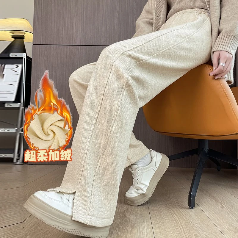 加绒加厚保暖人字纹阔腿裤女冬季2024新款高腰时尚开叉显瘦直筒裤