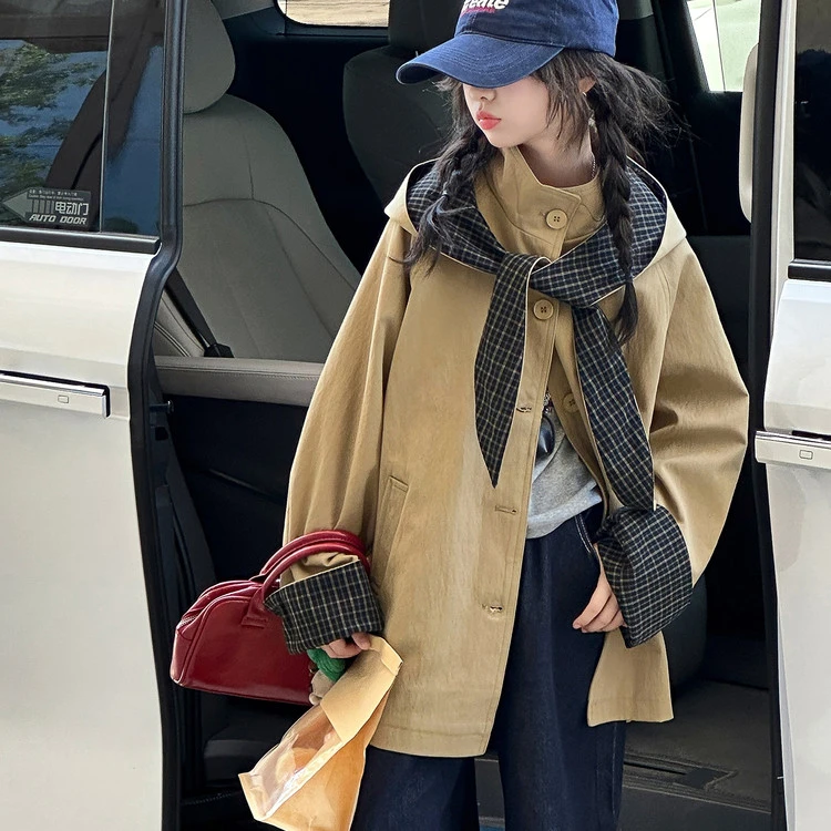 女童秋季韩版休闲连帽中长款风衣外套女大童时髦洋气儿童时尚秋装