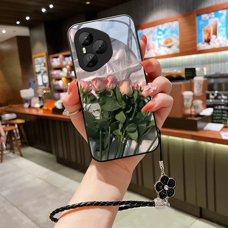 粉红花朵适用荣耀400pro手机壳新款荣耀400女挂绳玻璃壳高级ins硅